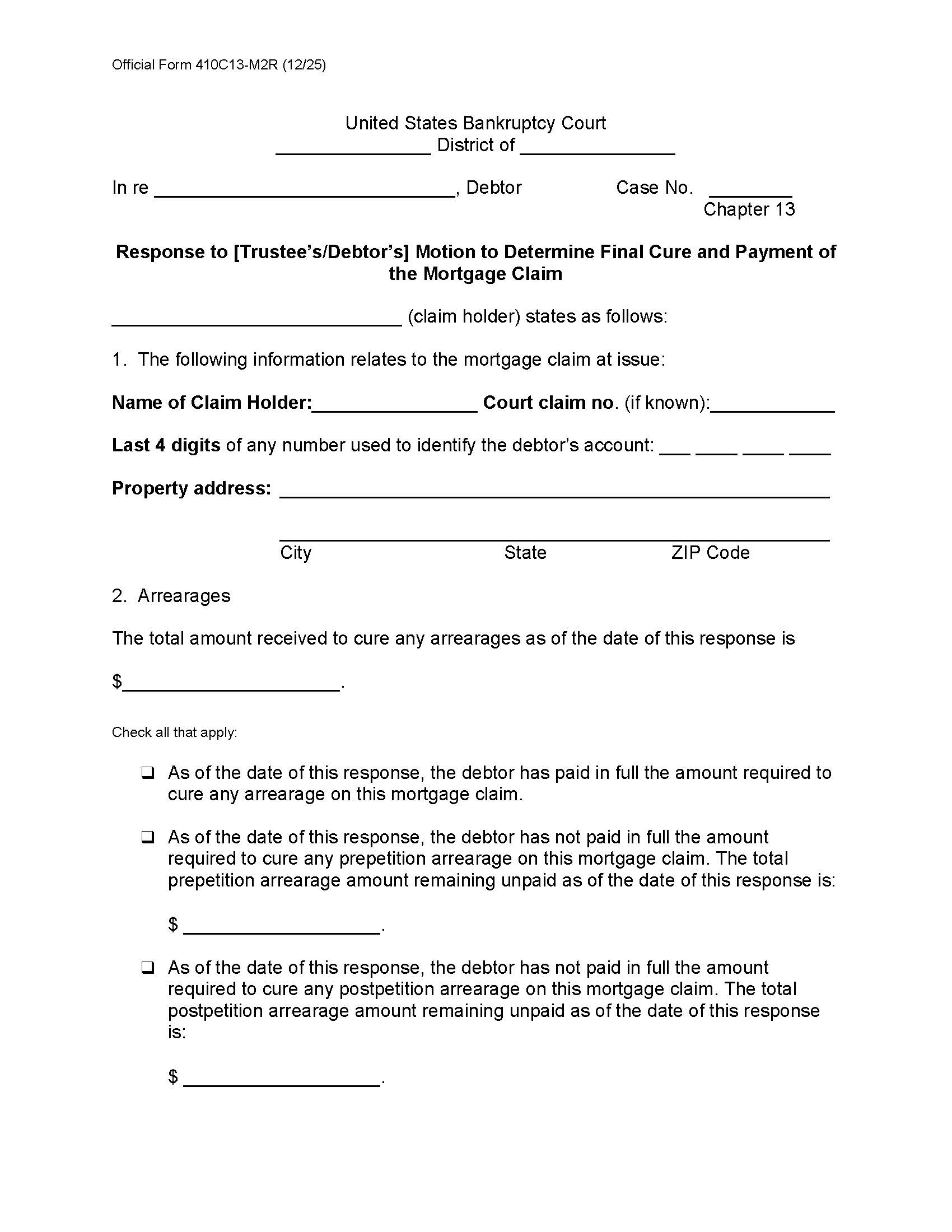 Response To [Trustees-Debtors] Motion Under Rule 3002.1(g)(4) To Determine Final Cure {B410C13-M2R} | Pdf Fpdf Docx | Official Federal Forms